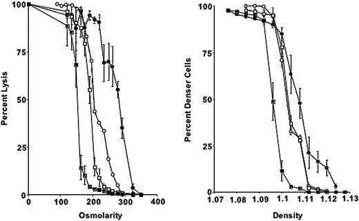 Figure 1. Osmotic fragility curves and phthalate density profiles for 4.1-/-, 4.2-/-, β-adducin-/-, and control erythrocytes. (Left) Percentage lysis is plotted compared with osmolarity of incubation medium for 4.1-/- (•), 4.2-/- (○), β-addu-cin-/- (□), and control erythrocytes (▪). (Right) Phthalate density profile for 4.1-/-, 4.2-/-, β-adducin-/-, and control. Symbols are as in panel A. Error bars depict SD.