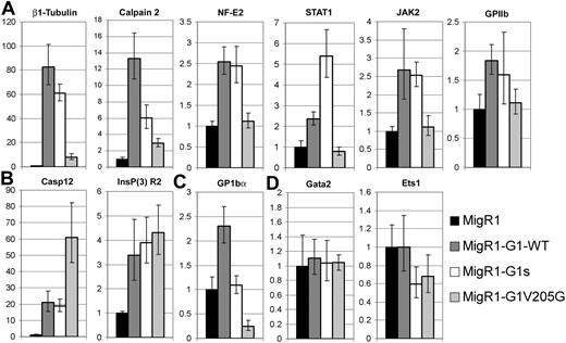 Figure 4. Megakaryocyte genes fall into several classes based on their requirement for different GATA-1 functional domains. Quantitative RT-PCR analysis of expression of 10 genes in the different rescued populations. These genes fell into 4 classes: (A) genes rescued by wild-type GATA-1 and GATA-1s but not by V205G, (B) genes rescued by GATA-1 and both GATA-1s and V205G, (C) genes rescued by GATA-1 but not GATA-1s or V205G, and (D) genes not significantly affected by wild-type or either of the GATA-1 mutants. Expression in knockdown cells infected with the MIGR1 retrovirus (black bars, far left) was set to 1, whereas the fold changes observed in the wild-type (dark gray bars), GATA-1s (white bars) and V205G (light gray bars, far right) reconstitutions are shown. Means ± SD for 3 experiments are shown.