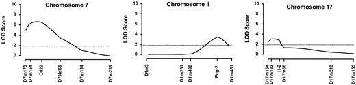 Figure 3. Linkage of chromosome 1, 7, and 17 markers with Coombs antibody activities in B6 × (NZB × B6.Yaa)F1 BC male mice bearing the Yaa mutation. Coombs antibody activities were determined at 6 and 10 months of age. LOD scores were generated with MAPMAKER/QTL, and the highest scores obtained at 10 months of age are shown. The horizontal dotted line represents the threshold for suggestive linkage.