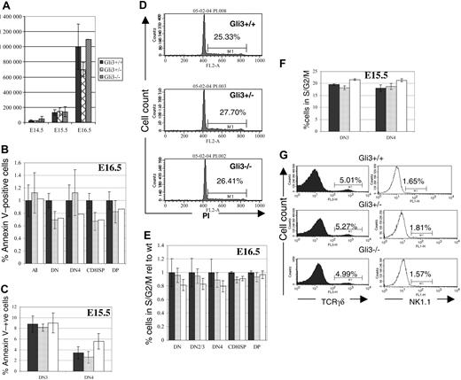 Figure 4. Gli3 is not involved in survival, proliferation, or lineage commitment of fetal thymocytes. (A) Thymocyte number isolated from Gli3–/–, Gli3+/–, and Gli3+/+ embryos is not significantly different at embryonic days E14.5, E15.5, and E16.5. (B-C,E-F) ▪ indicates Gli3+/+; ▦, Gli3+/–; and □, Gli3–/–. Error bars represent the standard error of the mean. (B) Cell death (as measured by annexin V staining) was not significantly different in any thymocyte population isolated from E16.5 Gli3+/+, Gli3+/–, and Gli3–/– mice. (C) Cell death measured as in panel B of DN3 and DN4 cells isolated from E15.5 Gli3+/+, Gli3+/–, and Gli3–/–. No significant differences were observed. (D) Propidium iodide staining was used to assess cell-cycle status of total thymocytes isolated from E16.5 Gli3+/+, Gli3+/–, and Gli3–/– mice. Percentages of thymocytes at the G2/S phases of the cell cycle are shown. (E) Cell-cycle status analyzed by staining with DRAQ5 simultaneously with cell-surface markers for a combination of CD4, CD8, CD44, and CD25. No significant differences in cell-cycle status was observed in any thymocyte subset analyzed from E16.5 Gli3+/+, Gli3+/–, and Gli3–/– embryos. (F) Cell-cycle status of E15.5 DN3 and DN4 was analyzed as in panel E. There were no significant differences observed between Gli3+/+, Gli3+/–, and Gli3–/– embryos. (G) E16.5 thymocytes were stained with anti-TCRγδ and anti-NK1.1 antibodies. No significant differences were observed. Percentages of TCRγδ or NK1.1 CD44–CD25– DN cells are shown.