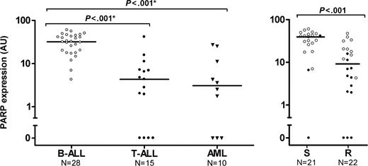 Figure 4. PARP expression levels in different types of childhood acute leukemia and in drug-resistant versus -sensitive childhood ALL. (A) PARP expression in different types of childhood acute leukemia. Each dot represents an individual patient and the horizontal bar represents the median protein level. Protein expression level of PARP was quantitated in 28 B-lineage ALL samples (○), 15 T-lineage ALL samples (•) and 10 AML samples (▾). (B) PARP expression versus in vitro PRED, VCR, and ASP (PVA) resistance in childhood acute lymphoblastic leukemia. The protein expression level of PARP quantitated in 21 PVA-sensitive (S) and 22 PVA-resistant (R) patients with B-lineage ALL (○) or T-lineage ALL (•). *Statistically significant after Bonferroni correction for multiple comparisons. AU indicates arbitrary units.