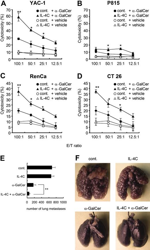 Figure 6. The effect of IL-4C pretreatment on α-GalCer-induced cytotoxicity and prevention of lung metastasis. α-GalCer (2 μg) or vehicle was intravenously injected into IL-4C-pretreated or untreated (cont.) mice. After 24 hours, cytotoxicity of the spleen cells against (A) YAC-1, (B) P815, (C) RenCa, or (D) CT26 was measured by a 4-hour 51Cr-release assay. Each symbol represents the mean ± SE of 3 independent experiments. Statistical significance was calculated by Student t test (*P < .05; **P < .01 vs. cont.). (E) IL-4C- or PBS (cont.)-pretreated mice were intravenously injected with 5 × 105 RenCa cells with or without 2 μg α-GalCer. After 3 weeks, the number of lung metastases was counted. Each column represents the mean ± SE of 5 individuals. Statistical significance was calculated by Student t test (**P < .01). (F) Representative views of lung metastasis in nontreated (cont.), IL-4C-treated, α-GalCer-treated, and IL-4C plus α-GalCer-treated mice.
