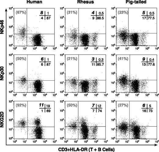Figure 1. Phenotypic analysis of NKp46, NKp30, and NKG2D. Representative examples of double-color flow cytometric analysis within the lymphocyte compartment of PBMCs. Cross-reactivity of mAbs specific to human NKp46 (top row), NKp30 (middle row), and NKG2D (bottom row) along with anti-CD3 and anti-HLA-DR mAbs in a human donor (left column), and in rhesus (middle column), and pigtailed (right column) macaques. The cells with the brightest mean fluorescence intensity in the lower right quadrant of each rhesus and pigtailed monkey dot plot corresponded to the HLA-DRpos (or CD20pos) lymphocyte subset that identified the B-cell population. The absolute percentage of CD3neg/HLA-DRneg (NK) lymphocytes positive for the relevant receptor is highlighted in bold in the upper left quadrant of the cross bar in the upper right quadrant of each dot plot. The relative percentage of total CD3neg/HLA-DRneg (NK) population positive for NKp46, NKp30, and NKG2D is indicated in gray in the upper left quadrant of each dot plot.