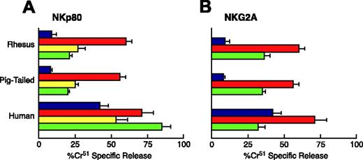 Figure 5. Functional evaluation of NKp80 and NKG2A on activated NK cells from macaque. Effect of anti-human NKp80 (A) and NKG2A (B) mAbs on NK-mediated cytotoxicity against FcγR+ P815 target cells. Data are from a representative example of a human donor, and a pigtailed and a rhesus macaque. E/T ratio is 20:1. Each graph shows the baseline lysis (blue bars), the maximal lysis triggered by anti-CD16 mAb (red bars), the killing driven by anti-NKp80 and anti-NKp46 mAb (yellow and green bars, respectively, in panel A), and the inhibition of killing by NKG2A cotriggered with anti-CD16 mAb (green bars in panel B). Data are presented as an average (± SD) of experiments conducted on 5 human donors and 5 rhesus and pigtailed macaques.
