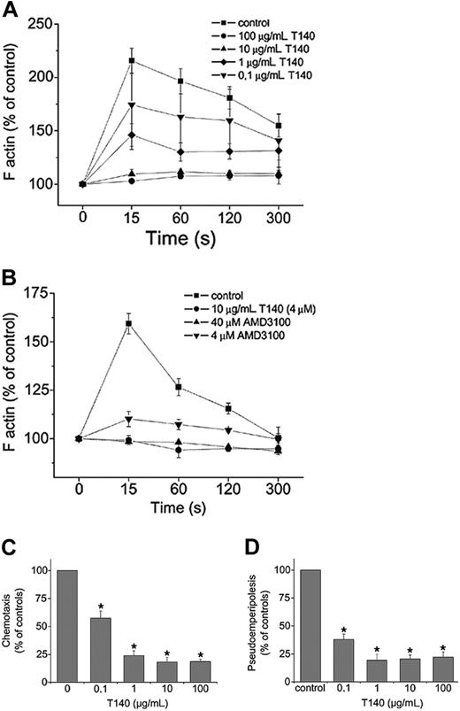 Figure 1. Inhibition of CXCL12-induced responses in CLL cells by T140 and AMD3100. (A) Actin polymerization of CLL cells in response to CXCL12 preincubated with different concentrations of T140. Intracellular F-actin in cells was measured using FITC-labeled phalloidin 15, 60, 120, and 300 seconds after the addition of 200 mg/mL CXCL12. Results are shown as percentages of intracellular F-actin relative to the values before the addition of CXCL12 and are mean ± SEM of 9 experiments. (B) Inhibition of actin polymerization of CLL cells in response to CXCL12 by the CXCR4 antagonists T140 and AMD3100. Cells were preincubated with 4 μM or 40 μM AMD3100 before stimulation with CXCL12. Inhibition of the response by 10 μg/mL T140 (4 μM) is shown for comparison. Results are displayed as percentages of intracellular F-actin relative to the values before the addition of CXCL12 and are the mean ± SEM of 4 CLL samples from different patients. (C) CXCL12-induced chemotaxis is inhibited by T140. Results indicate relative migration compared with control samples migrating to 200 ng/mL CXCL12 (100%) and samples preincubated with different concentrations of T140, representing the mean ± SEM values of 12 experiments with CLL cells from different patients (*P < .05). (D) In vitro migration of CLL cells beneath stromal cells (pseudoemperipolesis) is inhibited to T140. Cells were seeded onto M2-10B4 cells and allowed to migrate to the stromal cell layer. After vigorous washings, the remaining CLL cells were quantified using flow cytometry. Results are represented relative to untreated controls (100%). T140 was used at different concentrations, as indicated in the figure. Data shown are mean ± SEM values of 10 experiments with CLL cells from different patients (*P < .05).