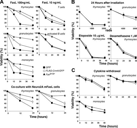 Figure 3. FLAG-CrmA expression in hemopoietic cells from reconstituted mice inhibits FasL-induced apoptosis but does not protect against apoptosis induced by Bcl-2–regulated death stimuli. (A) Immature thymocytes (CD4+CD8+), BM granulocytes (Mac-1+Gr-1+), BM monocytes (Mac-1+Gr-1–), naive LN B cells (B220+), and naive LN T cells (Thy1+) were FACS sorted from mice reconstituted with fetal liver cells infected with a FLAG-CrmA-GFP or a control GFP retrovirus and cultured for 24 hours in medium alone or in the presence of oligomerized recombinant FasL (100 or 10 ng/mL). B cells and monocytes were activated in vitro with LPS plus IL-2, IL-4, and IL-5 or with interferon-γ (IFNγ), respectively, prior to death assays. Cells, isolated and prepared as described in panel A, were also cocultured with Neuro2A cells expressing membrane-bound FasL. (B) Bcl-2–regulated apoptosis was induced by γ-irradiation or treatment with etoposide or dexamethasone. Comparisons are made with cells from Fas-deficient Lpr mutant mice. (C) Cells were also cultured in medium alone, and viability was assessed by PI staining and FACS analysis at the specified time points. Data represent mean ± SD from 3 mice of each type.