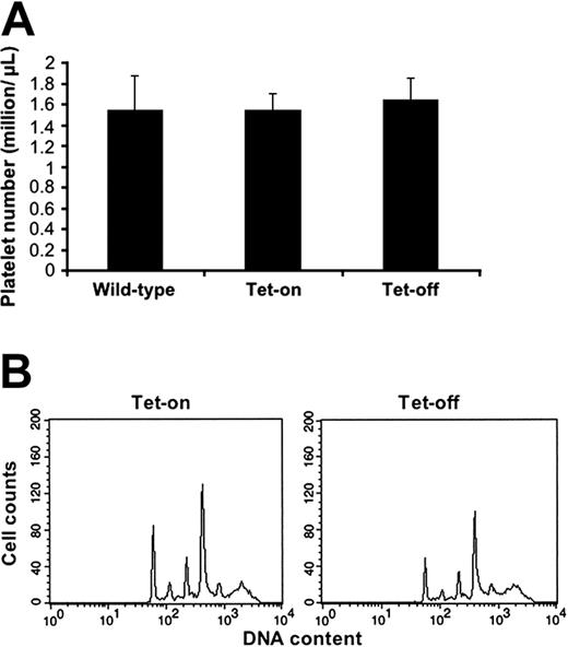 Figure 7. Platelet and ploidy levels in the inducible double-transgenic mice (PF4-tTA-VP16/CMV–Aurora-B/β-gal no. 41/42). Double-transgenic mice and age- and sex-matched wild-type mice were killed after 4 weeks of treatment with and without doxycycline. Blood was withdrawn and subjected to platelet counts (A) as indicated in “Materials and methods.” Data are presented as platelet count averages ± SD for 10 mice in each group. To determine megakaryocyte ploidy status (B), primary bone marrow cells were isolated from the same population of mice, fixed, stained with anti-CD41 (FITC) antibody and propidium iodide, and subjected to flow cytometry analysis. A representative histogram is shown.