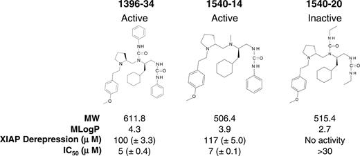 Figure 1. Chemical structure and characteristics of early generation active small molecule XIAP antagonistic compound (1396-34) and new generation active (1540-14) and inactive (1540-20) structural analog. The chemical structures of polyphenylurea compounds are provided. The 2 compounds that can inhibit XIAP (namely 1396-34 and 1540-14) are labeled as “Active,” while the third compound (1540-20) has no inhibitory activity and is labeled as “Inactive” at the top of the figure. Below each chemical structure is the name of the compound, the molecular weight (MW), the solubility (MLogP), the μM EC50 (± SE) observed in the XIAP derepression assay, and the μM IC50 (± SE) defined in the JURKAT cytotoxicity assay, as labeled at the bottom left-hand corner of the figure. For 1540-20, no activity in the XIAP derepression assay could be detected at the maximum concentration used (eg, 194 μM).