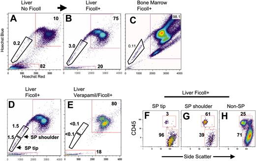 Figure 1. Adult liver and bone marrow SP cells and identification of the liver CD45+ SP tip. FACS analysis of Hoechst-stained single-cell suspensions identifies a side population (SP) of cells in murine adult liver (A), Ficolled adult liver (B), and Ficolled bone marrow (C). Closer inspection of the dot plot of liver SP shown in panel B reveals a cluster of SP cells with highly efficient dye-efflux properties (termed SP tip cells) that is distinct from cells found higher in the SP gate (SP shoulder cells; gates from B are redrawn in D to show cell frequencies of tip and shoulder subpopulations). Hoechst dye efflux in SP cells is inhibited by verapamil (E). Frequencies of cells expressing the panhematopoietic surface marker, CD45, in liver SP tip, shoulder, and non-SP cells are shown in panels F, G, and H, respectively. Rare CD45+ cells, representing just 3% of SP tip cells, are identified in panel F. Numbers in all graphs represent percentage of events contained in the illustrated gate.