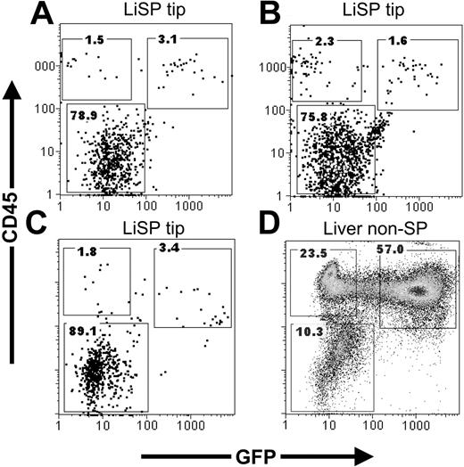 Figure 6. Liver CD45+ SP tip cells can be generated from bone marrow (BM) SP or single stem cells after transplantation. FACS analysis of liver (Li) SP tip cells in lethally irradiated recipients that were transplanted with (A) 2 × 106 unfractionated GFP+ marrow, (B) 200 purified bone marrow (BM) SP, or (C) single BM SP cells. CD45+ Li SP tip cells derived, in part, from donor (GFP+) marrow cells in each recipient. (D) CD45+ Li non-SP cells also derived from the transplanted single BM SP cell. Numbers in dot plots represent percentage of cells contained in each gate.
