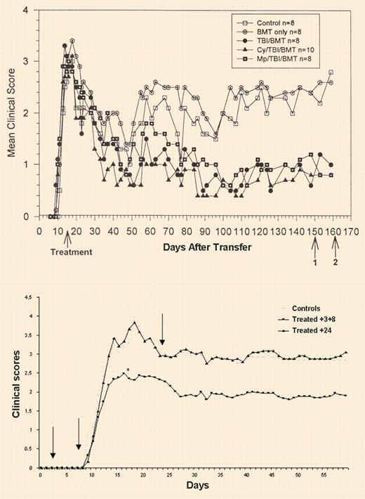 HSC (top) versus MSC (bottom) transplant for treatment of EAE. The top panel shows the therapeutic effect of HSCT in EAE requires an immune suppressive conditioning regimen. No response from infusion of only bone marrow (BMT) without a conditioning regimen. Reprinted from Burt et al. 6 (Fig1) The bottom panel shows the therapeutic effect of MSC occurs without any chemotherapy; see the complete figure in the article beginning on page 1755.