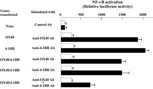 Figure 7. Reduced induction of NF-κB activation by OX40/4-1BB double-transfectant cells stimulated with specific Abs. OX40-HA and 4-1BB–FLAG double-transfectant or nontransfectant HEK cells were stimulated by anti-OX40 (1 μg/mL), anti–4-1BB (1 μg/mL), or control Ab (1 μg/mL) as indicated. □, nonstimulated cells; ▪, cells stimulated by control or specific Abs. The value of NF-κB reporter gene only transfected cells (the top group of cells indicated as “None” in the left) was set as 100 to calculate relative luciferase activity. Each column indicates an average and SD of triplicate samples.