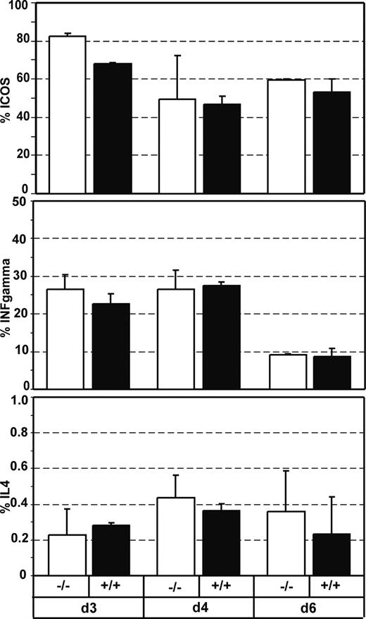 Figure 7. CXCR5-deficient and wild-type T cells produce similar levels of T helper cytokines and costimulatory molecules. The percentage of CD4+KJ1-26+ T cells expressing ICOS (A), IFN-γ (B), or IL-4 (C) was determined by flow cytometry on cells isolated from the dLNs at the time points indicated after immunization with OVA/CT. Recipient mice (Balb/c × 129SV) had received lymphocytes from either CXCR5-/-DO11.10 mice (□) or CXCR5+/+DO11.10 mice (▪) 1 day before immunization. (Mean + SD, 2 mice per group; similar results were obtained in 2 additional experiments).