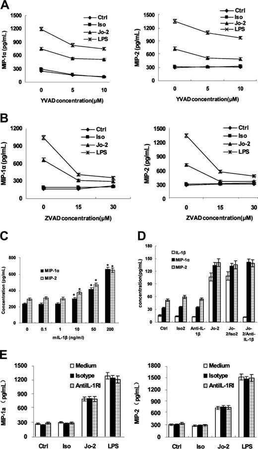 Figure 7. Activation of caspases, but not IL-1β, is involved in the secretion of MIP-1α and MIP-2 in Fas-ligated DCs. DCs were pretreated with different doses of the relatively specific caspase 1 inhibitor Ac-YVAD-fmk (A) or pan-caspase inhibitor ZVAD-fmk (B) for 30 minutes, then stimulated with Jo-2, isotype Ab (Iso), or LPS for 18 hours. The levels of MIP-1α and MIP-2 in supernatants were determined by ELISA. (C) DCs were stimulated with various doses of rmIL-1β for 18 hours. Then the levels of MIP-1α and MIP-2 in the supernatants were determined by ELISA. (D) DCs were pretreated with anti–mIL-1β Ab or isotype Ab (Iso2) for 30 minutes and then treated with Jo-2 for 18 hours, then levels of IL-1β, MIP-1α, and MIP-2 in supernatants were determined by ELISA. The concentration of MIP-1α and MIP-2 shown here was 5-fold diluted. (E) To confirm the effect of the autocrined IL-1β on Fas-induced production of chemokines in DCs, the blocking antibody to mIL-1R type I (mIL-1RI), by which IL-1β transduces its signal, and its isotype antibody, was added to the system. And then concentration of MIP-1α and MIP-2 was detected by ELISA kits.