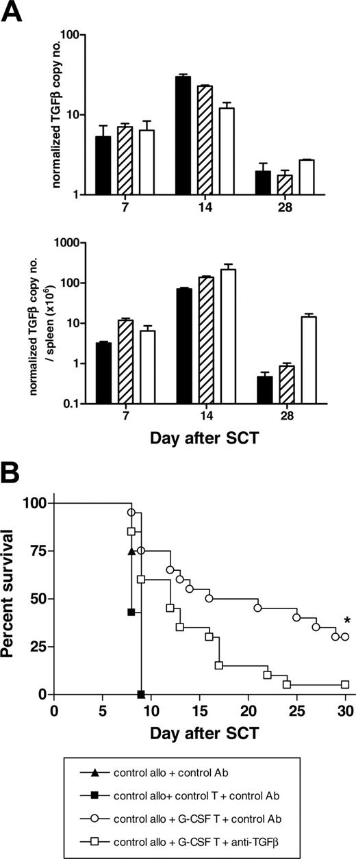 Figure 4. T cells from G-CSF-treated donors regulate aGVHD in a TGF-β-dependent fashion. (A) TGF-β was determined 7, 14, and 21 days after SCT from respective FACS-sorted CD4 (▪, n = 3), CD8 (▨, n = 3), and non-T-cell (□, n = 3) donor populations by real-time PCR, as described in “Materials and methods.” (B) Lethally irradiated B6D2F1 recipients received splenocytes from control treated B6 donors and control antibody with or without additional purified T cells from control B6 donors (control allo plus control T plus control antibody, n = 4; control allo plus control antibody, n = 4). To study the ability of T cells from G-CSF-treated B6 donors to modulate GVHD, purified T cells from G-CSF-treated donors were added to control splenocytes in the presence of anti-TGF-β or control antibody, as described in “Materials and methods” (control allo plus G-CSF T cells plus control antibody, n = 20; control allo plus G-CSF T cells plus anti-TGF-β antibody, n = 20). Survival curves by Kaplan-Meier analysis. *P < .02; anti-TGF-β compared with control antibody. ▴ indicates control allo plus control Ab; ▪, control allo plus control T plus control Ab; ○, control allo plus G-CSF T plus control Ab; and □, control allo plus G-CSF T plus anti-TGF-β.