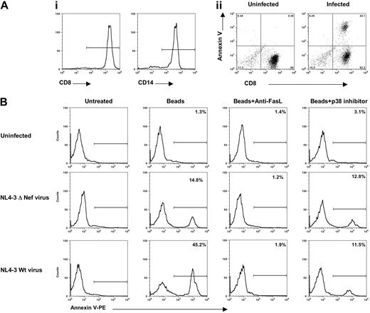 Figure 7. HIV-specific CD8+T-cell apoptosis is blocked by a p38 inhibitor. (Ai) CD14 macrophages and CD8 T cells were isolated from HIV-1-negative PBMC donors as described in “Materials and methods.” (Aii) Macrophages were infected with HIV-1 wild-type pseudovirus (NL4-3 virus that complemented with VSV-G envelope) (100 TCID50/1 × 106 cells per milliliter) and incubated with latex beads before being mixed with autologous CD8 T cells. Fourteen hours after CD8 T cells were added to infected macrophages, cells were harvested and stained with CD8-FITC/annexin-V-PE. Note that the CD8 T cells were induced to undergo apoptosis. (B) Autologous macrophages were uninfected or infected with pseudovirus HIV-1 NL4-3 ΔNef virus or infected with NL4-3 Wt virus (viruses that complemented with VSV-G envelope) at concentration of 100 TCID50/1 × 106 cells/mL, were stimulated with latex beads, and were incubated with purified mock CD8+ T cells in the presence or absence of neutralizing anti-FasL antibody or with 1 μM p38 inhibitor overnight. Cells were then harvested and stained for CD8 plus annexin-V. Apoptosis analysis was performed by gating the low forward and CD8 scatter of cells. The percentage values represent the gated CD8 annexin V-positive cells. A representative experiment of 3 performed is shown.