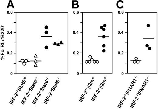 Figure 3. Basophil expansion in IRF-2-/- mice was independent of Stat6, CD8+ T cell, or IFN-α/β signals. The percentages of FcϵRIα+B220- cells in the spleen in mice with the indicated genotypes are plotted. Each symbol represents the value of an individual animal and the horizontal bars, the means. In panel A, the values for IRF-2-/-Stat6-/- mice are significantly higher than those for IRF-2+/-Stat6+/- (P < .05) or for IRF-2+/-Stat6-/- (P < .01) mice but not significantly different compared to those for IRF-2-/-Stat6+/- mice (P > .5). In panels B and C, values for IRF-2-/- and IRF-2+/- mice are also significantly different (P < .005 and P < .05, respectively).