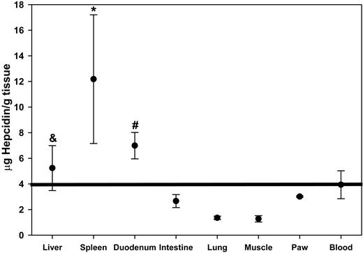 Figure 5. Hepcidin is taken up by ferroportin-rich organs. Mice received a single dose of radiolabeled hepcidin. One hour later, mice were perfused with PBS to remove blood, and organs were collected. *P = .03 by rank-sum and #P = .007 by t test compared with blood; &P < .04 by t test compared with intestine, lung, muscle, or paw.