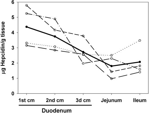 Figure 6. Hepcidin concentration declines from the proximal to distal small intestine. Mice (n = 4, each interrupted line representing an individual mouse) received a single dose of radiolabeled hepcidin, were killed 2 hours later, and their organs were perfused with PBS to remove blood. Hepcidin concentration (average shown as a bold line) decreased from proximal to distal position in the intestine (Spearman R = -0.929, P < .001, n = 4).