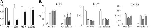 Figure 4. Bcl-2 and A1 levels are reduced in Vav-deficient B cells. (A) (▪) Levels of A1, Bcl-2, Mcl-1, and CXCR5 mRNA in Vav-deficient mature B cells. (□) Wild-type levels. (B) Protein levels expressed by B-cell subsets. Spleen cells from wild-type or Vav-deficient mice were stained for Bcl-2, Bcl-XL, or CXCR5 in combination with anti-CD93, anti-CD23, and anti-IgM. Bar graphs show the mean fluorescence intensity (MFI) (± SD) of Bcl-2, Bcl-XL, and CXCR5 levels from the splenic B-cell subsets for 4 mice of each genotype. Protein levels were calculated subtracting the MFI of the isotype control from the MFI of the protein of interest. Protein expression in the spleen is represented as follows: T1 (open columns); T2 (stippled columns); T3 (gray columns); mature FO (hatched columns). Significant differences between wild-type and Vav-deficient mice are indicated by asterisks (*P < .01). Statistical analysis was performed using the Student t test.