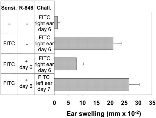 Figure 7. The suppression of the effector phase of CHS by R-848 is transient. Mice were sensitized with FITC. Six days later one group of mice was treated with R-848, and challenge was performed on the right ear in all groups. On day 7, R-848-treated animals were rechallenged on the left ear. Twenty-four hours after challenge or rechallenge, CHS was determined as increase in ear thickness relative to the vehicle-treated ear or to the thickness of the ear before challenge. Data represent means of 5 to 7 mice per group. Error bars indicate mean ± SD.