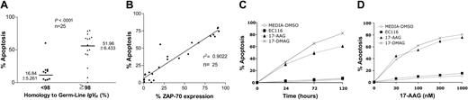 Figure 1. Hsp90 inhibitors induce apoptosis in CLL cells that express adverse prognostic markers. (A) Cell apoptosis was measured in CLL cells (n = 25) after in vitro treatment with 17-AAG at 100 nM during 48 hours. IgVH gene mutation was assessed by gene sequencing. Sequences with less than 98% homology to the corresponding germ-line IgVH sequence were considered mutated. (B) Correlation by linear regression of the level of expression of ZAP-70 and apoptosis induced by 17-AAG (100 nM) after 48 hours of incubation in CLL samples. (C, D) Cell death was assessed in ZAP-70+ CLL cells after treatment with 17-AAG, 17-DMAG, and EC116 using 100 nM at different time points and also during 48 hours using increasing concentrations.
