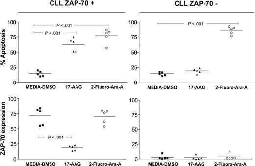 Figure 5. Degradation of ZAP-70 mediated by Hsp90 inhibitors is specific and is not induced by cytotoxic chemotherapy in vitro. ZAP-70+ and ZAP-70-CLL cells (n = 10) were treated with 17-AAG (100 nM) and 2-Fluoro-Ara-A (2.5 μM) for 48 hours. Flow cytometry was used to assess apoptosis (top panels) and ZAP-70 expression (bottom panels) on each sample. Control samples were incubated with media-DMSO as indicated. Error bars indicate the mean value for each group. P values were calculated using a one-way analysis of variance (ANOVA) with Bonferroni posttest analysis.