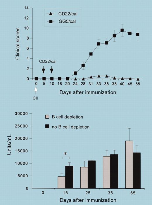 The effect of B-cell depletion with CD22/cal on clinical scores and antibody responses in CIA. See the complete figure in the article beginning on page 2235.