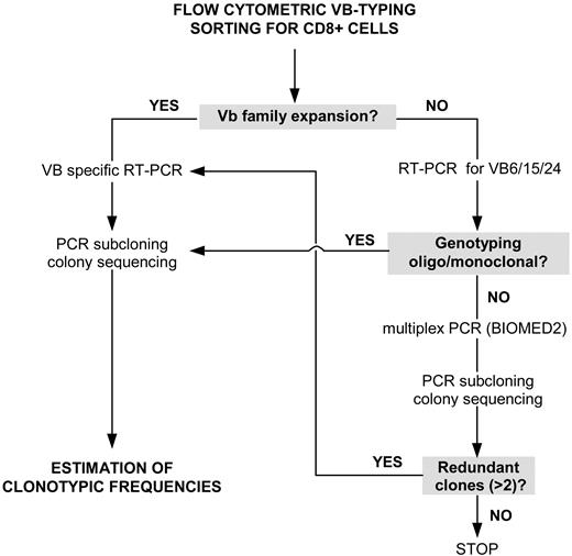 Figure 1. Rational approach for detecting immunodominant clonotypes in patients with T-LGL leukemia. For explanations, see “Detection strategy.”