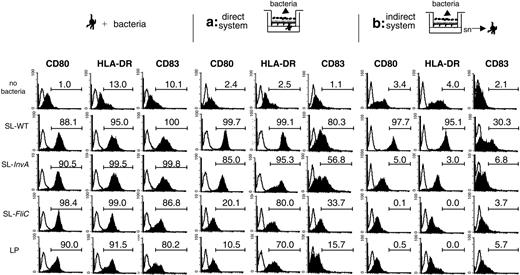 Figure 4. MoDCs are phenotypically different when activated by bacteria directly across the EC monolayer or indirectly by bacteria-activated EC supernatants. MoDCs were treated for 24 hours as follows: (left) MoDCs were activated with S typhimurium (SL-WT, SL-InvA: noninvasive, FliC: nonflagellated) or L plantarum (LP). (Middle) Direct system (situation a), MoDCs were seeded facing the basolateral membrane of the epithelial cell monolayer. Bacteria were incubated from the apical face. (Right) Indirect system (situation b), MoDCs were incubated with supernatants (sn) of ECs incubated or not with bacteria from the apical face. Histogram plots show CD80, HLA-DR, and CD83 surface-marker staining of MoDCs treated as in Figure 2. Filled histograms indicate stained cells; open histograms, isotype controls. Numbers indicate the percentage of positive cells in the gate. One of 4 independent experiments is shown.