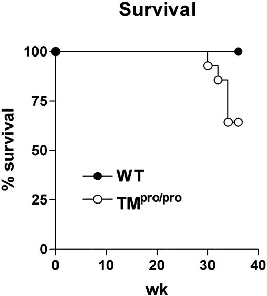 Figure 5. TMpro/pro mice have a decreased survival during chronic infection. Groups of 14 WT and TMpro/pro mice were intranasally infected with 104 CFUs of live M tuberculosis and the animals were followed during 36 weeks after infection. • indicates WT mice; and ○, TMpro/pro mice. The difference in survival was statistically significant (P < .05).
