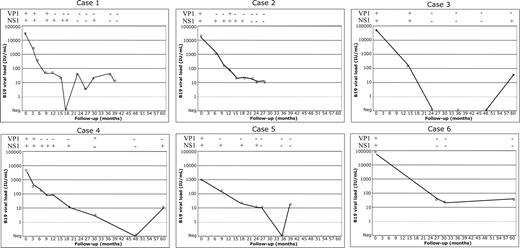Figure 1. Follow-up of 6 cases of persistent B19 infection. B19 DNA in case 1 (seroconversion to B19), in cases 2 and 3 (detection of B19 IgM), and in cases 4 to 6 (unknown date of B19 infection) was quantified by QPCR. Serial samples were available over 28 to 60 months. Quantitative results are shown in the graphs; qualitative VP1 and NS1 PCR results of the corresponding samples are shown on top of each graph as + for positive and - for negative. ND indicates not done. Detailed results of all B19 markers for case 1 are shown in Table 2.