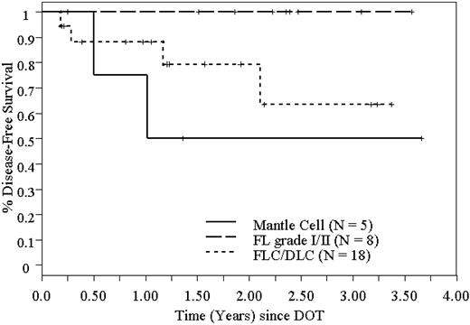 Figure 5. DFS of 31 patients who underwent high-dose 90Y-ibritumomab tiuxetan and ASCT in NHL, based on histology.