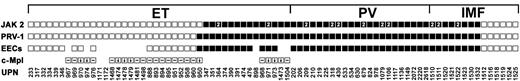 Figure 1. Molecular markers in MPDs. The indicated markers were evaluated in 42 ET, 22 PV, and 14 IMF patients. □ indicates that the marker is absent (ie, wild-type Jak2, normal expression of PRV-1, no Epo-independent growth, no EEC formation). ▪ indicates that the marker is present (ie, mutant Jak2V617F, overexpression of PRV-1, Epo-independent growth; EEC formation). For c-Mpl, ↓ indicates less than 40% of normal expression, whereas—indicates normal expression levels. Absence of a symbol indicates that the analysis was not performed. A “2” in the Jak2 analysis indicates that the patients were homozygous for the Jak2V617F mutant allele.