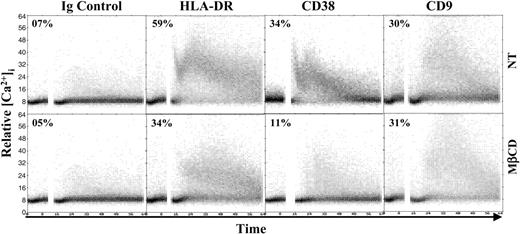 Figure 5. CD38 and HLA-DR–mediated intracellular calcium fluxes are dependent on raft integrity. Purified monocytes were untreated (NT) or treated with 10 mM MβCD (30 minutes, 37°C), loaded with indo-1, and tested for calcium mobilization. After measurement of basal level, the following F(ab')2 preparations of mAbs were added: CD38 mAb (IB4), HLA-DR mAb (D1.12), and CD9 mAb (PHN 200). Results are representative of at least 3 independent experiments.