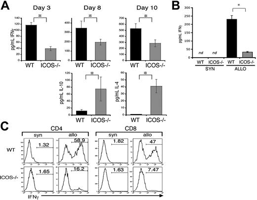 Figure 5. Alloreactive ICOS-/- T cells display Th2 immune deviation. Lethally irradiated (1300 cGy split) C3FeB6F1 recipients received transplants with B6 TCD allo-HSCs (5 × 106) and splenic T cells (1 × 106) from WT or ICOS-/- B6 donors. Mice from 6 independent transplantations (n = 5 to 10) were killed at different days after transplantation, and cytokine production was analyzed. (A) Th2 cytokine profile allo-HSCT recipients of ICOS-/- T cells. IFN-γ, IL-10, and IL-4 levels were determined by ELISA in serum of allo-HSCT recipients of WT or ICOS-/- T cells. ⋆Statistical analyses for IFN-γ: day 3, P = .01; day 8, P = .05; day 10, P = .04. Statistical analyses for IL-10: P = .004. Statistical analyses for IL-4: P = .006. These results are representative of 2 independent experiments at each time point. (B-C) Impaired IFN-γ production in ICOS-/- T cells. Donor T cells were isolated from mice with GVHD at day 10 after allo-HSCT and stimulated with syngeneic (B6) or allogeneic (C3FeB6F1) splenocytes for 5 days. IFN-γ levels were determined by ELISA(B) or by intracellular cytokine staining of T cells from individual mice (C) (ELISA n = 5, intracellular stain n = 2). ⋆Statistical analysis: P < .02; nd indicates not detected.