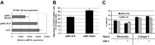 Figure 5. Inhibition of RGS16 expression in primary MKs. Cord-blood CD34+ cells were cultured in MK medium with TPO and SCF. Cells were transduced with pRRL-SCR or pRRL-SEQ24 and sorted using the GFP and the CD41 marker. (A) Quantitative RT-PCR of CD41+/GFP+ and CD41+/GFP– sorted cells. RGS16 expression was normalized with the β2m one. (B) SDF-1–induced migration of MK pRRL-SCR and MK pRRL-SEQ24. Migrated cells were marked with anti-CD41 and anti-CD42 antibodies for flow analysis. The data represent the percentage of CD41+/CD42+ migrated cells compared with CD41+/CD42+ total input cells. The graph shows the mean ± SD of 4 independent experiments performed in duplicate. *P < .01 (C) Cell adhesion. pRRL-SCR and pRRL-SEQ24 CD41+/GFP+ sorted cells were plated in 48-well plates coated with collagen I or fibronectin in the presence or not of SDF-1 (300 ng/mL). Data represent the mean ± SD of 3 independent experiments.