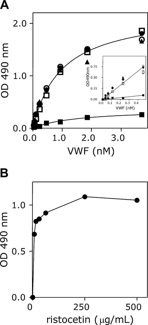 Figure 5. Effect of ristocetin, botrocetin, and the R1306Q mutation on binding to AU/VWFa-11. (A) Microtiter wells were coated overnight at 37°C with AU/VWFa-11 (5 μg/mL in 50 mM NaHCO3, pH 9.6) and blocked 30 minutes at 37°C with 3% BSA, 0.1% Tween-20 in PBS. After washing, microtiter wells were incubated with medium containing different concentrations of wt VWF (squares, triangles) or VWF/R1306Q (circles; 0-3.7 nM). Binding was allowed for 1 hour at 37°C in the absence of modulators (▪, •), or in the presence of 1 mg/mL ristocetin (□, •) or 0.2 U/mL botrocetin (▴). Microtiter wells were washed using 0.1% Tween-20 in PBS and incubated with HRP-conjugated polyclonal anti-VWF antibody. Bound VWF was detected by measuring peroxidase activity. An enlargement of the linear part of the binding curves is provided in the inset. Data represent the mean ± SD of 3 experiments. (B) AU/VWFa-11–coated microtiter wells were incubated with wt VWF in the presence or absence of various concentrations of ristocetin (0.08-1 mg/mL). After washing, wells were incubated with an HRP-conjugated polyclonal anti-VWF antibody. Bound VWF was detected by measuring the peroxidase activity.