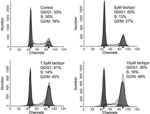 Figure 1. Tachpyridine induces G2/M arrest in HeLa cells. Cells were treated with 5, 7.5, and 10 μM tachpyridine for 24 hours, and cell-cycle distribution was determined by flow cytometry.