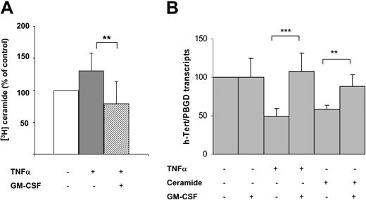 Figure 4. Influence of GM-CSF on ceramide pathway. (A) Intracellular ceramide variations measured at the peak of stimulation in KG1 cells treated with TNFα (20 ng/mL) and GM-CSF (13 ng/mL). Results are expressed as mean ± SD from 5 independent experiments. **P = .008. (B) KG1 cells were incubated with or without TNFα, C6-ceramide (10 μM), or GM-CSF for 2 hours. Transcripts of hTERT were quantified using the LightCycler TeloTAGGGhTERT quantification kit as previously described. Results are expressed as mean ± SD from 4 independent experiments. ***P < .001; **P = .004.