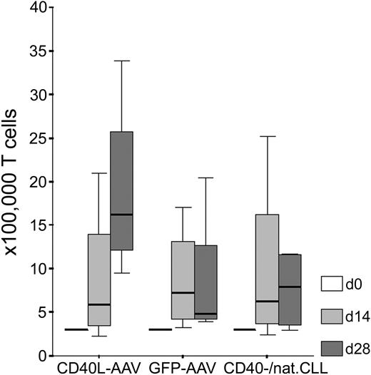 Figure 1. Proliferation of autologous T cells on stimulation with CLL cells in the presence of IL-2 and IL-7. Shown are T-cell numbers (× 100 000) after 0, 14, and 28 days of in vitro culture using CD40L-transduced (CD40L-AAV), GFP-transduced (GFP-AAV), or CD40-stimulated native CLL cells (CD40-/nat.CLL) as APCs without antigenic peptide pulsing.
