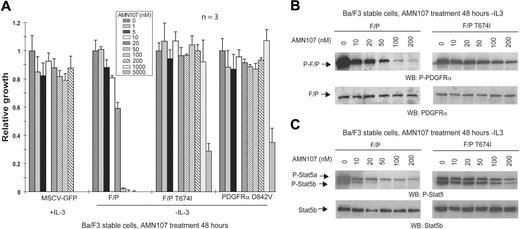 Figure 3. AMN107 inhibits FIP1L1-PDGFRα in vitro. (A) Dose-dependent effects of AMN107 on growth of FIP1L1-PDGFRα–transformed Ba/F3 cells. Ba/F3 cells stably transduced with the indicated constructs were treated with AMN107 for 48 hours in the absence of IL-3, and the proliferation of treated cells relative to untreated cells was determined. MSCV-GFP–transduced control cells were incubated in the presence of IL-3. Values reflect the mean of 3 samples; error bars show standard deviation. F/P indicates FIP1L1-PDGFRα. (B) Analysis of phosphorylation of FIP1L1-PDGFRα after AMN107 treatment. Ba/F3 cells transformed with FIP1L1-PDGFRα or FIP1L1-PDGFRα T674I were incubated with increasing concentrations of AMN107 in the absence of serum and IL-3. Whole-cell lysates were prepared for Western blotting with anti–phospho-PDGFRα and anti-PDGFRα. (C) Analysis of phosphorylation of Stat5, a downstream effector of PDGFRα, after AMN107 treatment. Ba/F3 cells transformed with FIP1L1-PDGFRα or FIP1L1-PDGFRα T674I were treated with increasing concentrations of AMN107 in the absence of serum and IL-3. Whole-cell lysates were prepared and analyzed for phosphorylation of Stat5, which is induced by IL-3 or by activated kinases that confer IL-3 independence. Western blotting was performed with anti–phospho-Stat5 and anti-Stat5b.