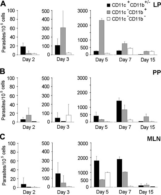 Figure 2. Quantification of T gondii parasites associated to CD11c+CD11b+/- DCs and CD11b+ intestinal cells. Cell subsets were isolated from infected C57BL/6 mice, and associated parasites were numerated using real-time PCR. Number of parasites per 105 cells from LP (A), PPs (B), and MLN (C). Values represent mean number plus SD for 7 to 9 mice and 2 to 3 separate experiments.