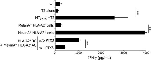 Figure 5. PTX3 interferes with the cross-presentation of MelanA/MART1 to CD8+ T cells upon processing of apoptotic cells. MelanA/MART1-specific, HLA-A2-restricted CD8+ T cells secrete significant amounts of IFN-γ (x-axis; pg/mL) when challenged with T2 cells in the presence of the specific synthetic epitope (residues 27-35) or when challenged with HLA-A2+ (but not with HLA-A2- melanoma cell lines expressing the native antigen). Moreover, they secreted amounts of IFN-γ significantly higher than the background when challenged with DCs that phagocytosed and processed HLA-A2- apoptotic cells expressing MelanA/MART1; T-cell activation abated in the presence of PTX3 (50 μM). **P < .01, significantly different from control. Results are depicted as mean ± SD of samples analyzed in triplicate.