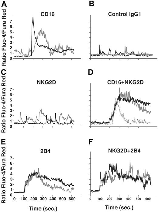 Figure 4. Single-cell Ca2+ flux analysis. (A-F) Resting NK cells were loaded with Fluo-4 and Fura Red, placed on coverslips, and stained with antibodies as indicated. Cells were washed, resuspended in HBSS 1% FBS, and prewarmed at 37°C. Fluorescence was measured by confocal microscopy. Thirty seconds after the beginning of each scan, secondary F(ab′)2 goat anti-mouse IgG was added to each sample. Traces of the Fluo-4/Fura Red ratio of 2 or 3 representative NK cells are shown.
