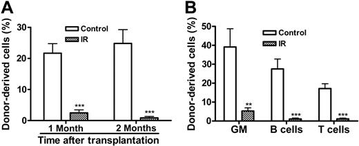 Figure 6. TBI causes intrinsic damage to HSCs to inhibit long-term BM engraftment in a CRA. (A) Hematopoietic engraftment at 1 and 2 months after stem cell transplantation. The percentage of donor-derived peripheral-blood leukocytes from mice receiving a transplantation of irradiated or control LKS+ cells is expressed as mean ± SE (10 mice/group). (B) Multilineage reconstitution of myeloid (GM-granulocyte- monocyte/macrophage), T, and B cells was analyzed at 2 months after stem cell transplantation. The data are presented as mean ± SE (10 mice/group). ***P < .001; **P < .01.