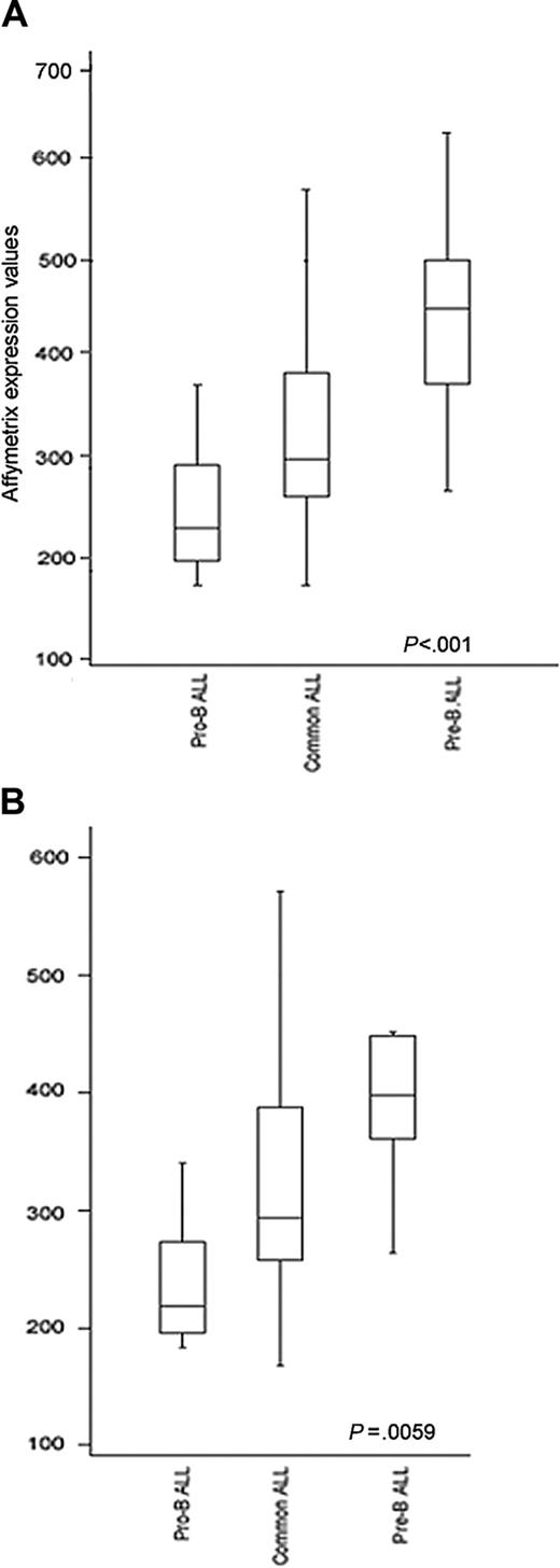 Figure 4. ZAP-70 RNA expression and phenotypic differentiation. ZAP-70 RNA expression in B-lineage ALL subdivided according to the degree of phenotypic differentiation with (A) or without E2A/PBX1+ and ALL1/AF4+ samples (B).