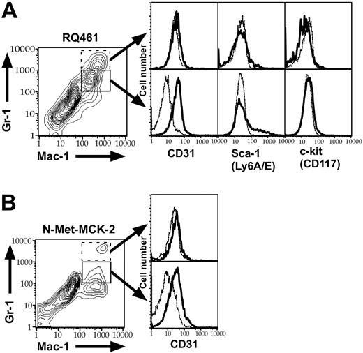 Figure 7. FCM analysis of Mac-1+/Gr-1int cells for CD31, Sca-1, and c-kit. FCM analysis of the FP infiltrates from groups of 10 infected BALB/c mice at 48 hours after inoculation with RQ461 (inoculum of 1 × 106 PFUs) or mice at 4 hours after the fourth N-Met-MCK-2 injection. (A) Histograms of Mac-1+/Gr-1int (solid box) or Mac-1+/Gr-1high population (dotted box) FP cells from RQ461-infected mice, showing expression levels of CD31 (PECAM-1), Sca-1 (Ly-6A/E), and c-kit (CD117). (B) Histograms of Mac-1+/Gr-1int (solid box) or Mac-1+/Gr-1high (dotted box) FP cells from N-Met-MCK2-treated mice showing expression levels of CD31 (PECAM-1). Background staining with an isotype antibody control is indicated as a dashed line in each histogram.