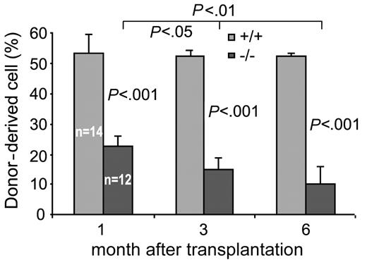 Figure 7. Cdc42GAP regulates HSP engraftment. One million donor-derived fetal liver cells mixed with 1 million recipient-derived fetal liver cells from B6.SJL/BoyJ mice were injected into lethally irradiated B6.SJL/BoyJ mice. Chimerism in the peripheral blood of the recipients was examined at indicated times after transplantation. Numbers of each group of animals that underwent transplantation are indicated. Results are representative of 2 independent experiments.