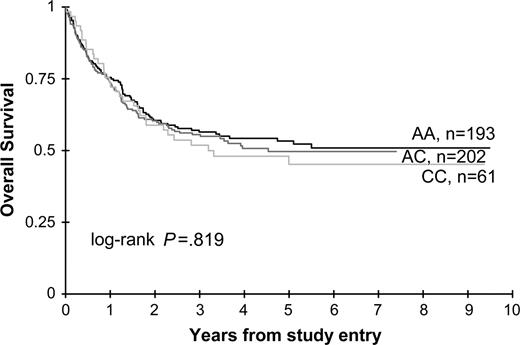 Figure 1. OS from study entry: XPD 751AA versus AC versus CC genotypes.